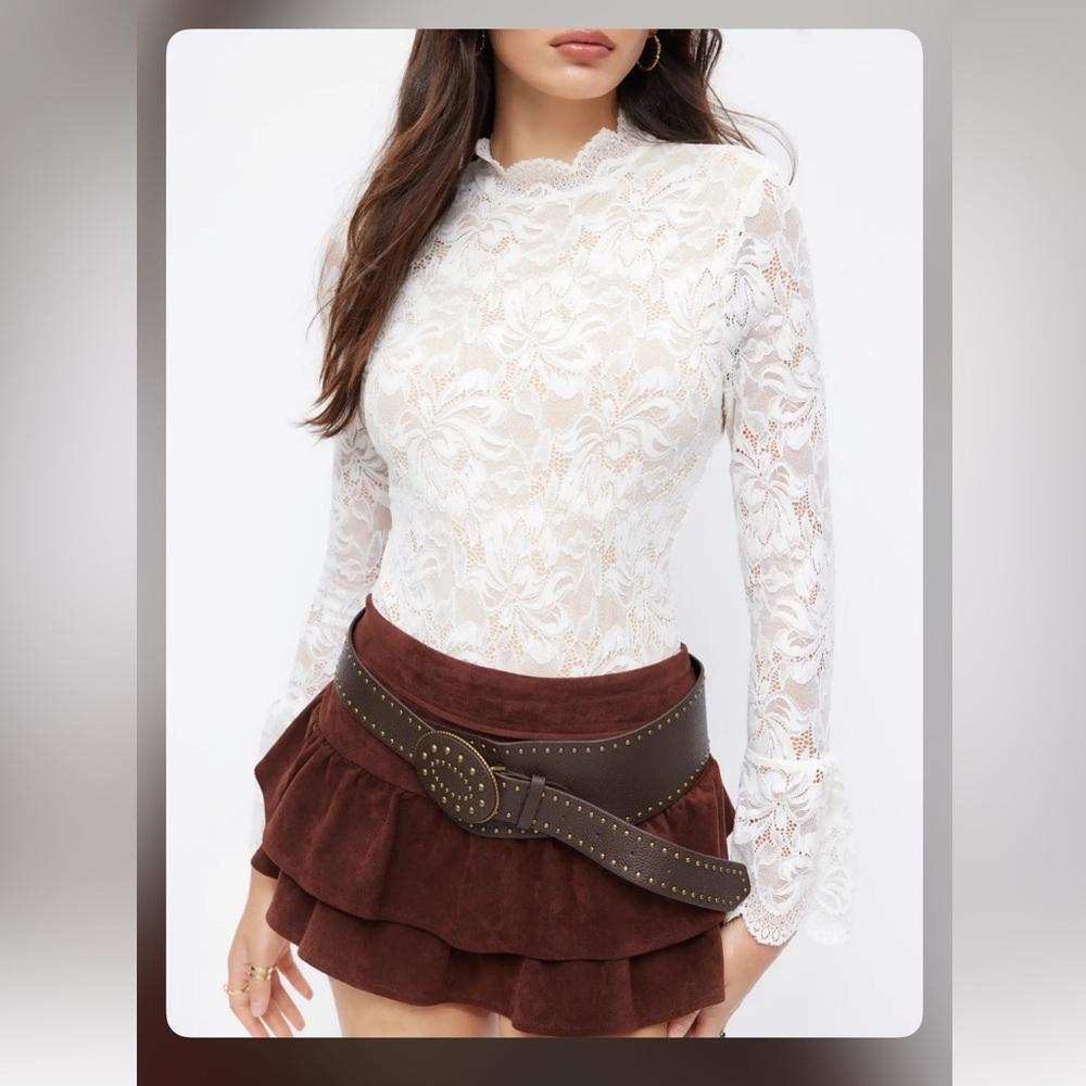 Cider FLORAL LACE STAND COLLAR RUFFLE LONG SLEEVE BODYSUIT XS 12-12